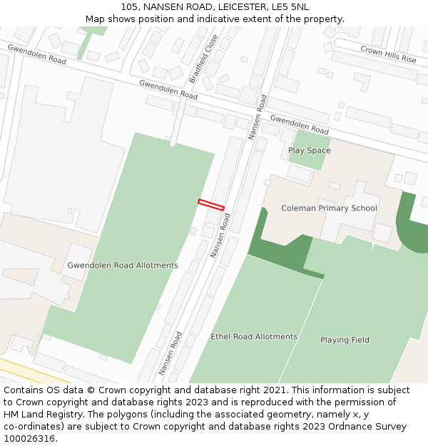 105, NANSEN ROAD, LEICESTER, LE5 5NL: Location map and indicative extent of plot