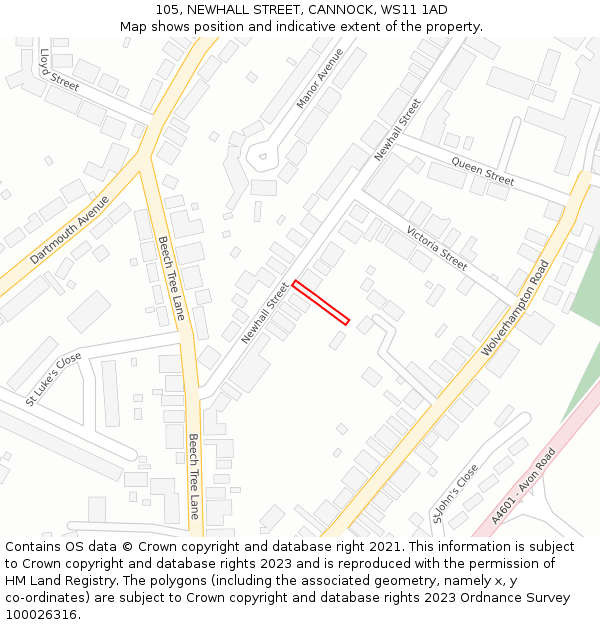 105, NEWHALL STREET, CANNOCK, WS11 1AD: Location map and indicative extent of plot