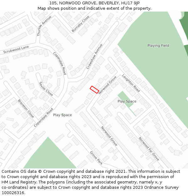 105, NORWOOD GROVE, BEVERLEY, HU17 9JP: Location map and indicative extent of plot