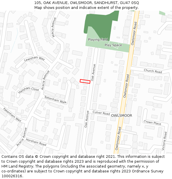 105, OAK AVENUE, OWLSMOOR, SANDHURST, GU47 0SQ: Location map and indicative extent of plot
