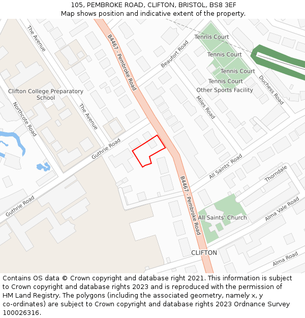 105, PEMBROKE ROAD, CLIFTON, BRISTOL, BS8 3EF: Location map and indicative extent of plot