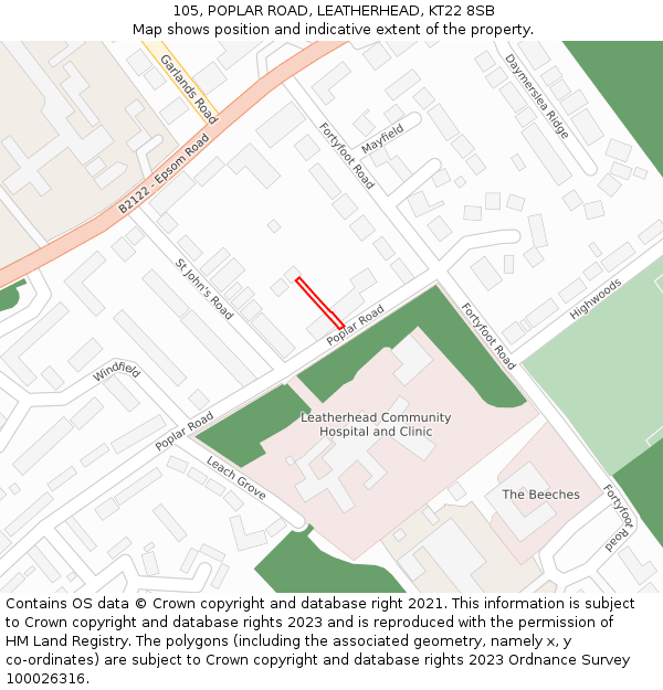 105, POPLAR ROAD, LEATHERHEAD, KT22 8SB: Location map and indicative extent of plot