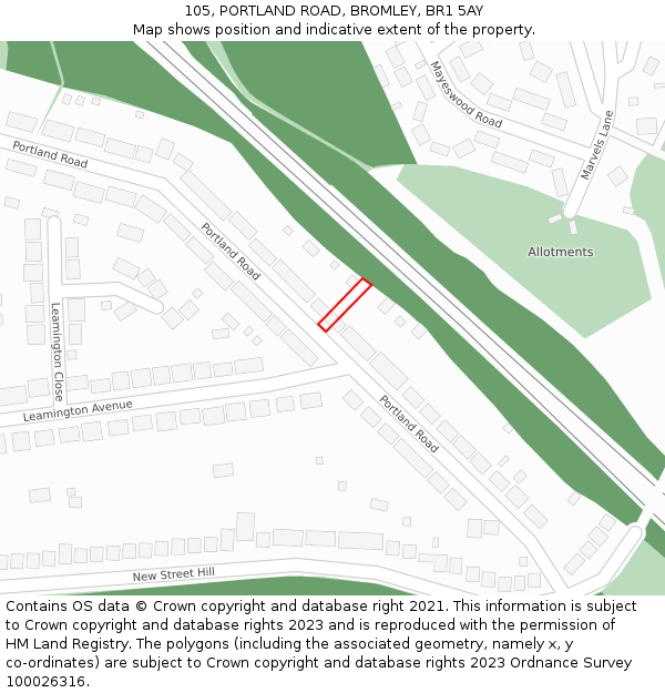 105, PORTLAND ROAD, BROMLEY, BR1 5AY: Location map and indicative extent of plot