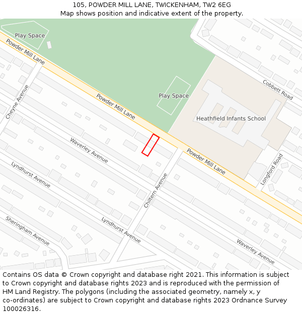105, POWDER MILL LANE, TWICKENHAM, TW2 6EG: Location map and indicative extent of plot