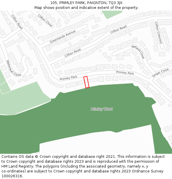 105, PRIMLEY PARK, PAIGNTON, TQ3 3JX: Location map and indicative extent of plot