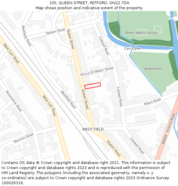 105, QUEEN STREET, RETFORD, DN22 7DA: Location map and indicative extent of plot