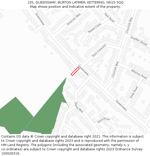 105, QUEENSWAY, BURTON LATIMER, KETTERING, NN15 5QQ: Location map and indicative extent of plot