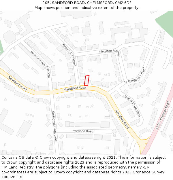 105, SANDFORD ROAD, CHELMSFORD, CM2 6DF: Location map and indicative extent of plot
