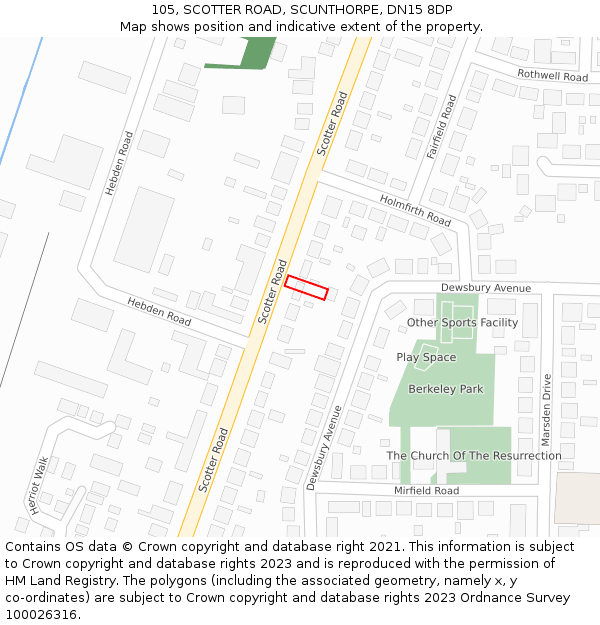 105, SCOTTER ROAD, SCUNTHORPE, DN15 8DP: Location map and indicative extent of plot