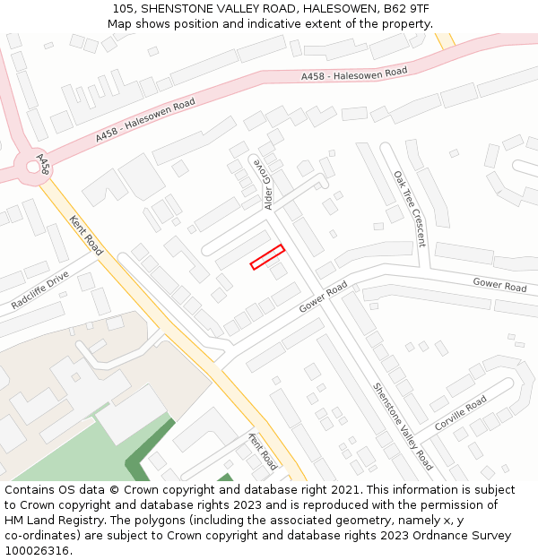 105, SHENSTONE VALLEY ROAD, HALESOWEN, B62 9TF: Location map and indicative extent of plot