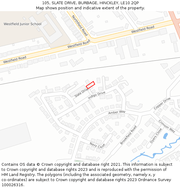 105, SLATE DRIVE, BURBAGE, HINCKLEY, LE10 2QP: Location map and indicative extent of plot