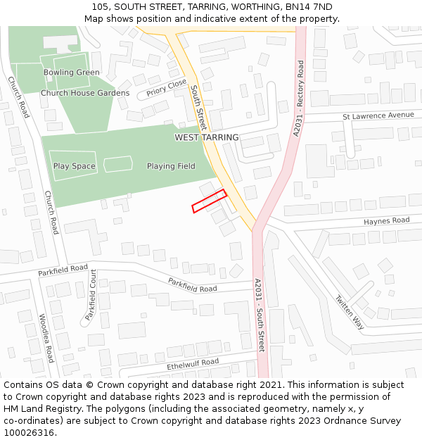 105, SOUTH STREET, TARRING, WORTHING, BN14 7ND: Location map and indicative extent of plot