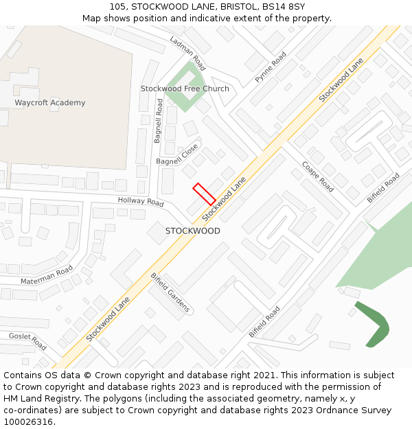 105, STOCKWOOD LANE, BRISTOL, BS14 8SY: Location map and indicative extent of plot