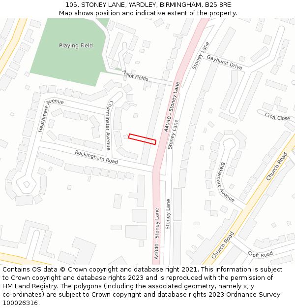 105, STONEY LANE, YARDLEY, BIRMINGHAM, B25 8RE: Location map and indicative extent of plot