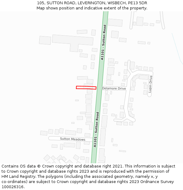 105, SUTTON ROAD, LEVERINGTON, WISBECH, PE13 5DR: Location map and indicative extent of plot