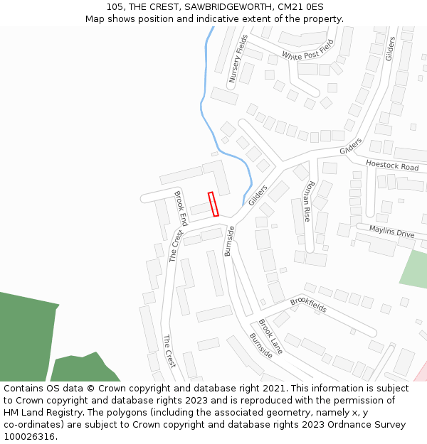 105, THE CREST, SAWBRIDGEWORTH, CM21 0ES: Location map and indicative extent of plot