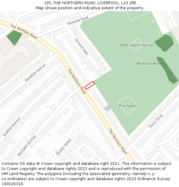 105, THE NORTHERN ROAD, LIVERPOOL, L23 2RE: Location map and indicative extent of plot