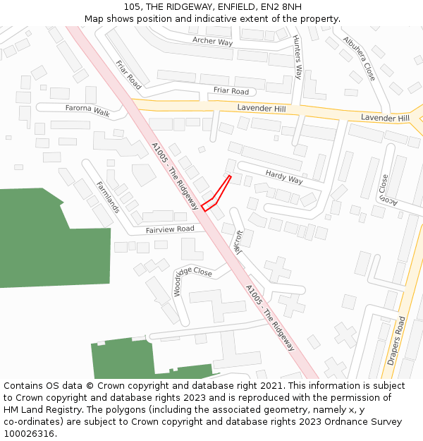 105, THE RIDGEWAY, ENFIELD, EN2 8NH: Location map and indicative extent of plot