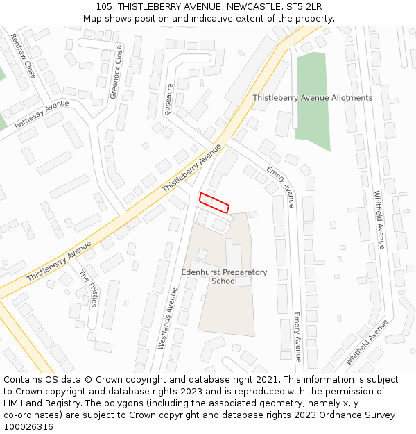 105, THISTLEBERRY AVENUE, NEWCASTLE, ST5 2LR: Location map and indicative extent of plot