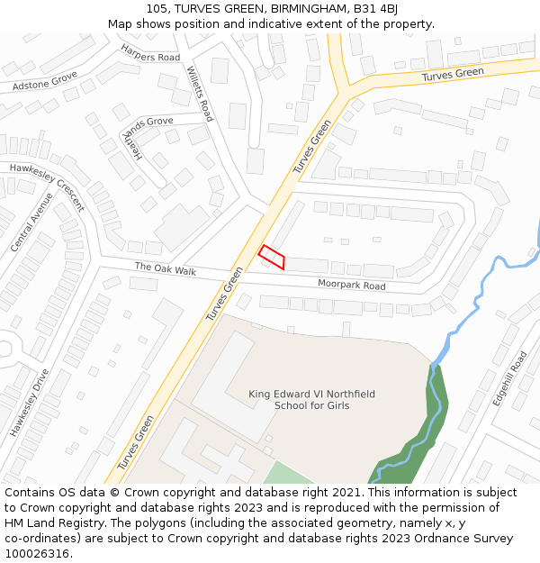 105, TURVES GREEN, BIRMINGHAM, B31 4BJ: Location map and indicative extent of plot