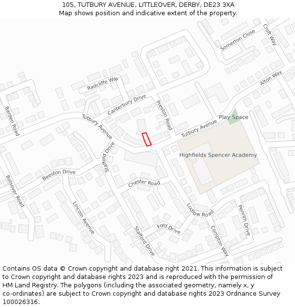 105, TUTBURY AVENUE, LITTLEOVER, DERBY, DE23 3XA: Location map and indicative extent of plot