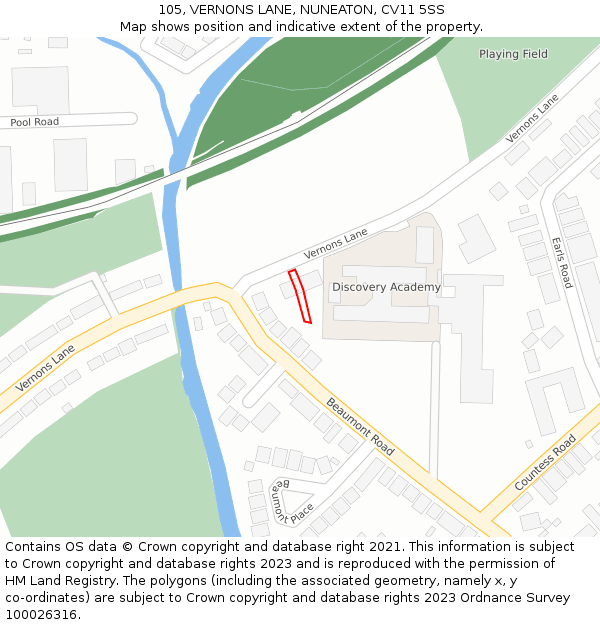 105, VERNONS LANE, NUNEATON, CV11 5SS: Location map and indicative extent of plot