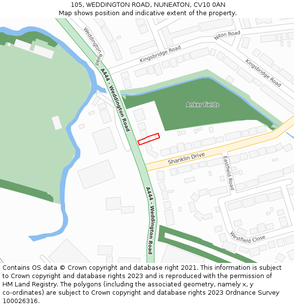105, WEDDINGTON ROAD, NUNEATON, CV10 0AN: Location map and indicative extent of plot