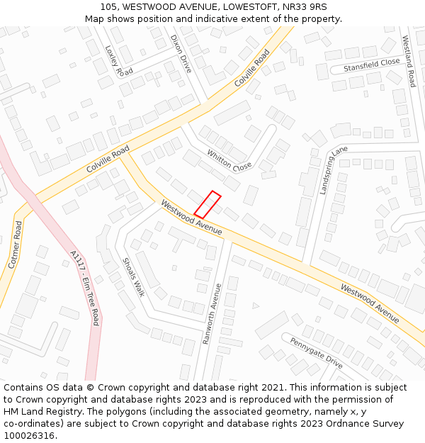 105, WESTWOOD AVENUE, LOWESTOFT, NR33 9RS: Location map and indicative extent of plot