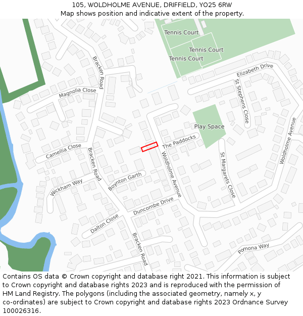 105, WOLDHOLME AVENUE, DRIFFIELD, YO25 6RW: Location map and indicative extent of plot