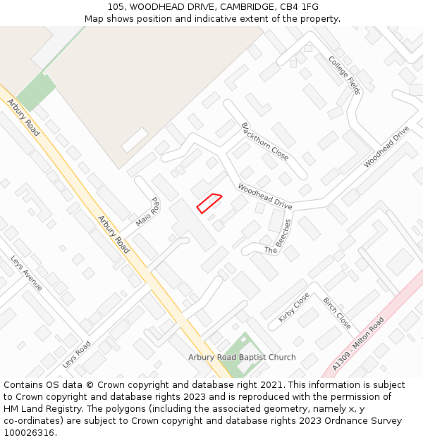 105, WOODHEAD DRIVE, CAMBRIDGE, CB4 1FG: Location map and indicative extent of plot