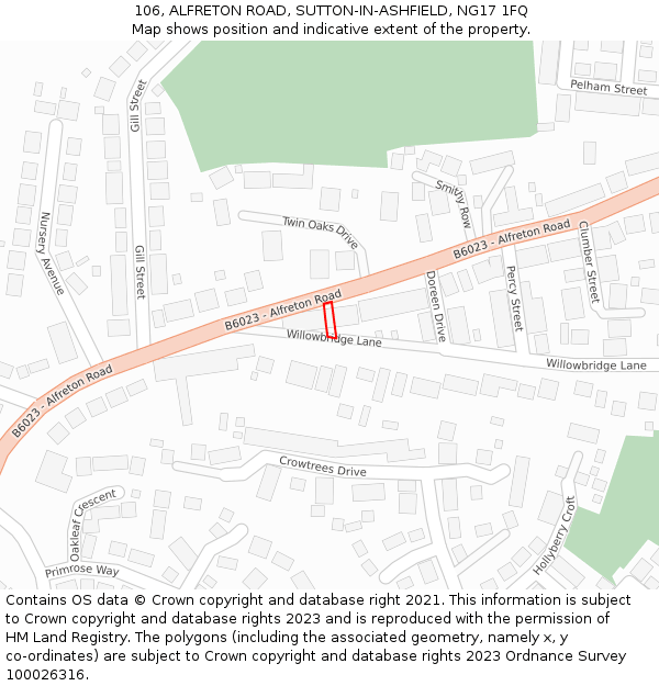 106, ALFRETON ROAD, SUTTON-IN-ASHFIELD, NG17 1FQ: Location map and indicative extent of plot