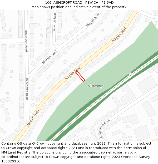 106, ASHCROFT ROAD, IPSWICH, IP1 6AD: Location map and indicative extent of plot