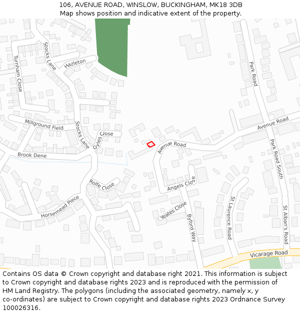 106, AVENUE ROAD, WINSLOW, BUCKINGHAM, MK18 3DB: Location map and indicative extent of plot