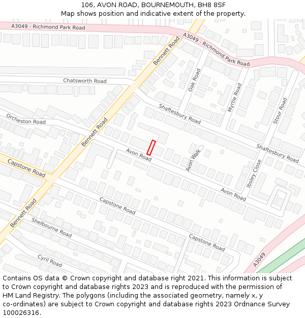 106, AVON ROAD, BOURNEMOUTH, BH8 8SF: Location map and indicative extent of plot