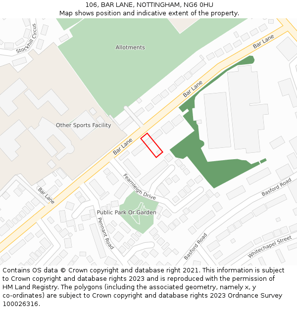 106, BAR LANE, NOTTINGHAM, NG6 0HU: Location map and indicative extent of plot