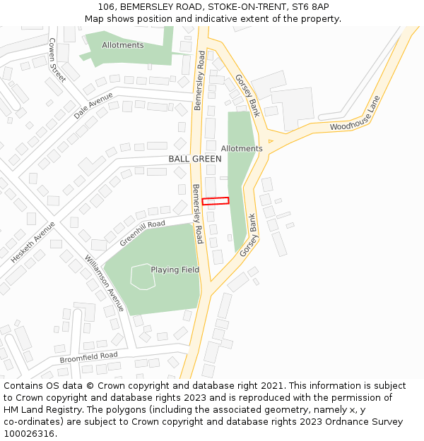 106, BEMERSLEY ROAD, STOKE-ON-TRENT, ST6 8AP: Location map and indicative extent of plot