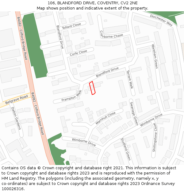 106, BLANDFORD DRIVE, COVENTRY, CV2 2NE: Location map and indicative extent of plot