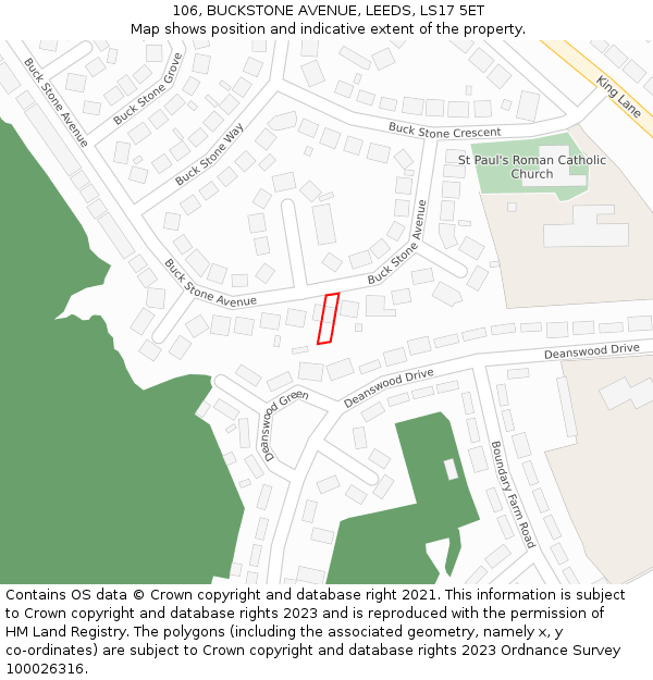 106, BUCKSTONE AVENUE, LEEDS, LS17 5ET: Location map and indicative extent of plot
