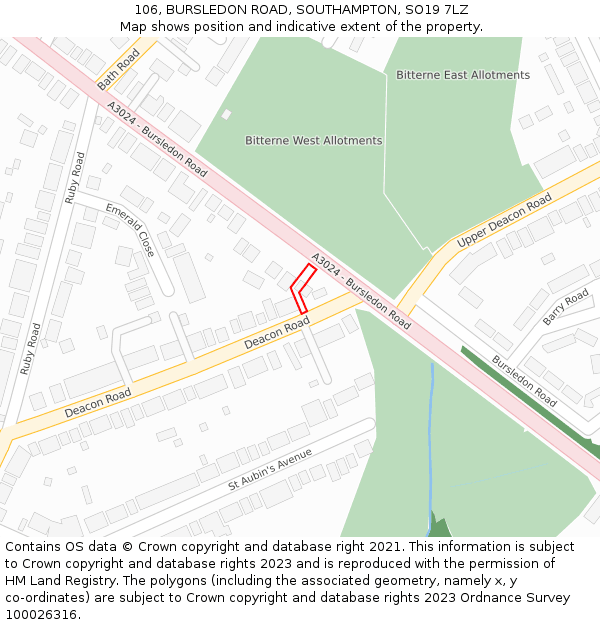 106, BURSLEDON ROAD, SOUTHAMPTON, SO19 7LZ: Location map and indicative extent of plot