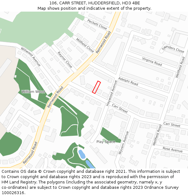 106, CARR STREET, HUDDERSFIELD, HD3 4BE: Location map and indicative extent of plot