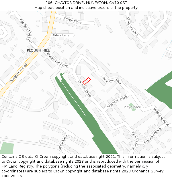106, CHAYTOR DRIVE, NUNEATON, CV10 9ST: Location map and indicative extent of plot