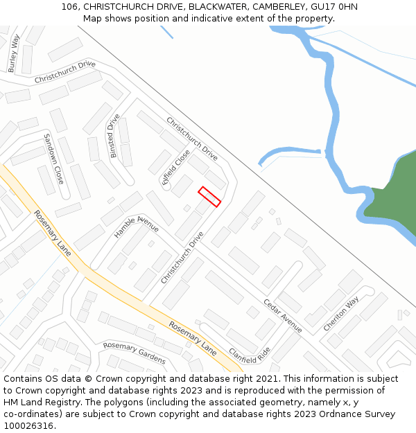 106, CHRISTCHURCH DRIVE, BLACKWATER, CAMBERLEY, GU17 0HN: Location map and indicative extent of plot