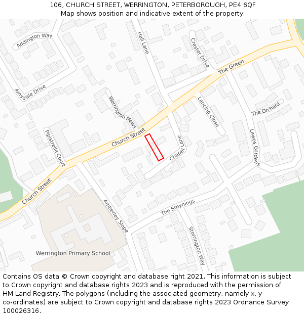 106, CHURCH STREET, WERRINGTON, PETERBOROUGH, PE4 6QF: Location map and indicative extent of plot