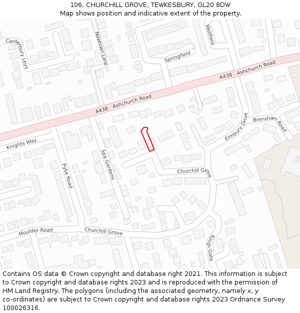 106, CHURCHILL GROVE, TEWKESBURY, GL20 8DW: Location map and indicative extent of plot