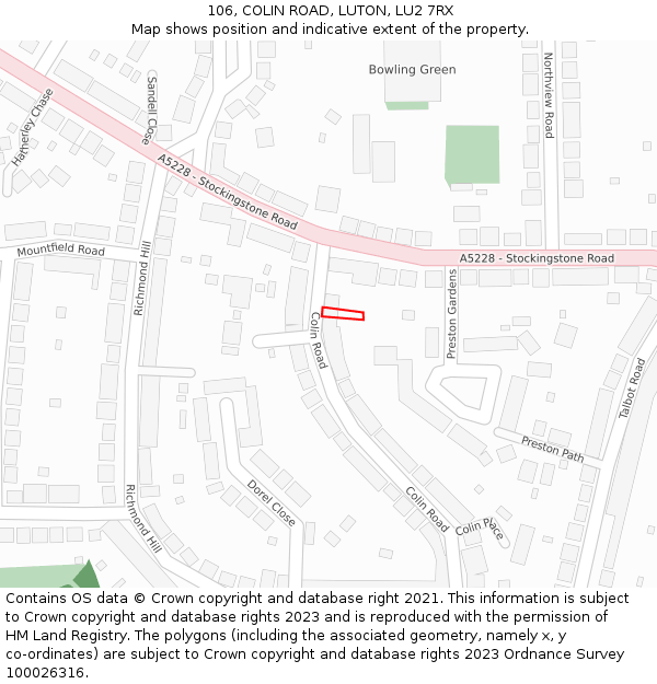 106, COLIN ROAD, LUTON, LU2 7RX: Location map and indicative extent of plot