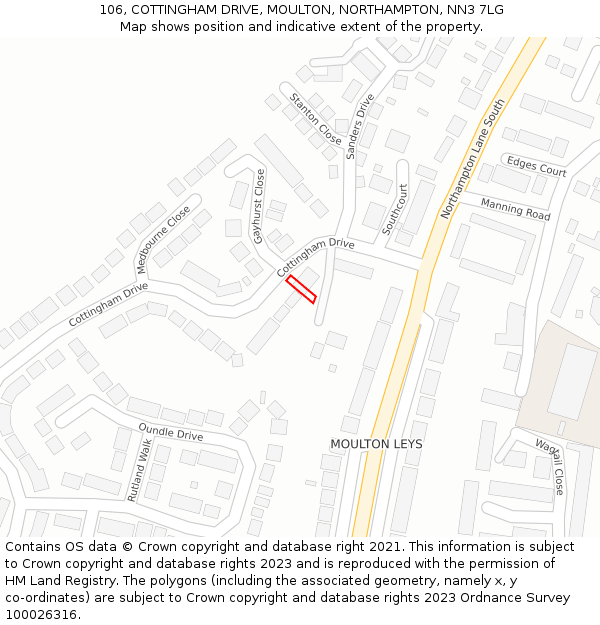 106, COTTINGHAM DRIVE, MOULTON, NORTHAMPTON, NN3 7LG: Location map and indicative extent of plot