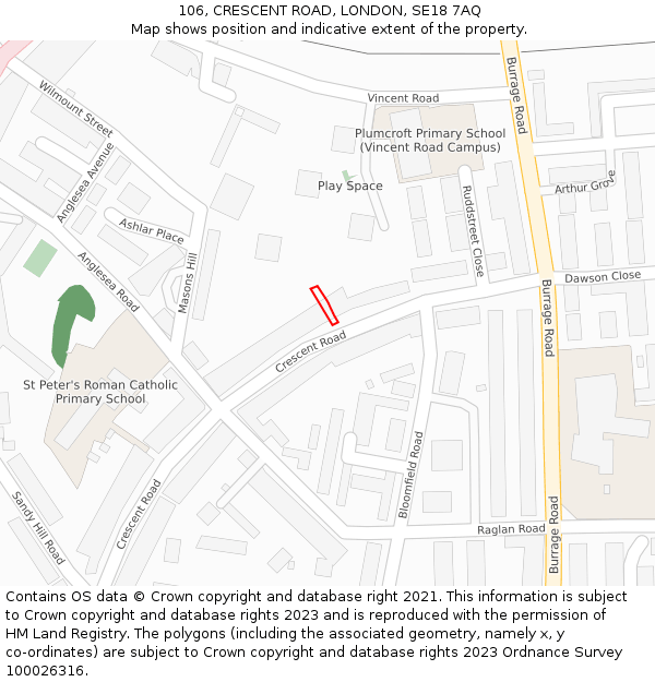 106, CRESCENT ROAD, LONDON, SE18 7AQ: Location map and indicative extent of plot