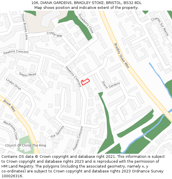 106, DIANA GARDENS, BRADLEY STOKE, BRISTOL, BS32 8DL: Location map and indicative extent of plot