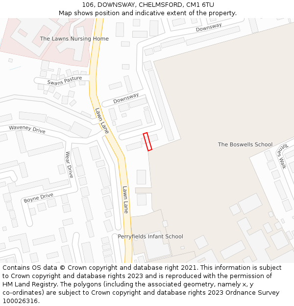 106, DOWNSWAY, CHELMSFORD, CM1 6TU: Location map and indicative extent of plot