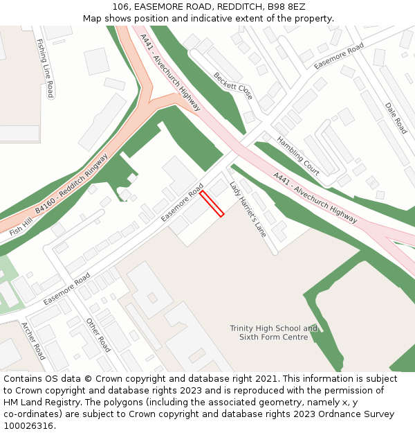 106, EASEMORE ROAD, REDDITCH, B98 8EZ: Location map and indicative extent of plot
